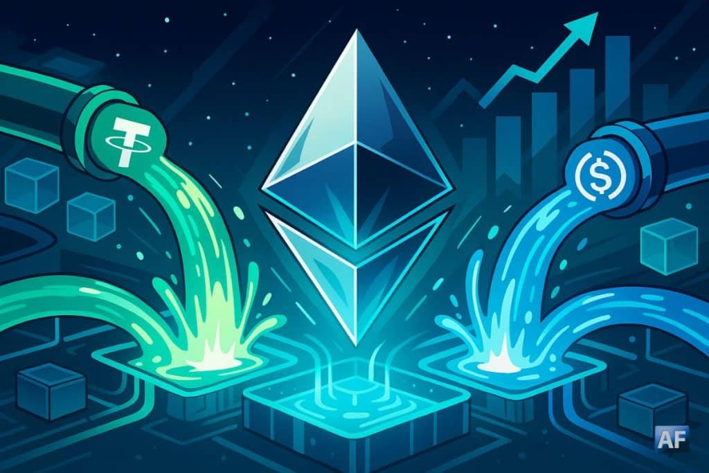 Ethereum, tel un cristal lumineux, absorbe deux torrents d’USDT et d’USDC en style BD/Manga, symbolisant l’afflux record de stablecoins vers le réseau.