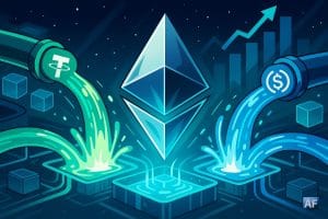 Ethereum, tel un cristal lumineux, absorbe deux torrents d’USDT et d’USDC en style BD/Manga, symbolisant l’afflux record de stablecoins vers le réseau.