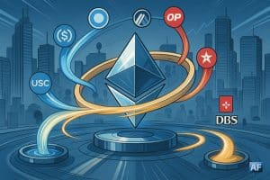 Le logo cristallin d’Ethereum absorbant des flux USDC/Circle, Securitize et DBS via un volant d’inertie, entouré des L2 Base, Arbitrum, Optimism et de “piscines” DeFi.