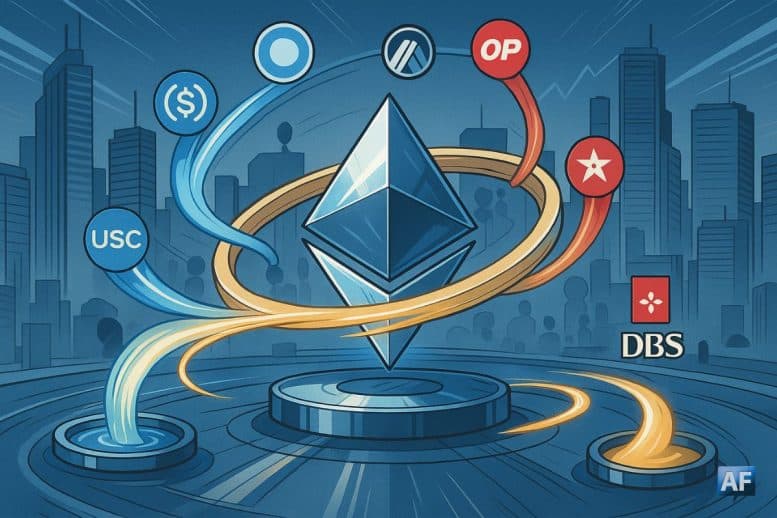 Le logo cristallin d’Ethereum absorbant des flux USDC/Circle, Securitize et DBS via un volant d’inertie, entouré des L2 Base, Arbitrum, Optimism et de “piscines” DeFi.