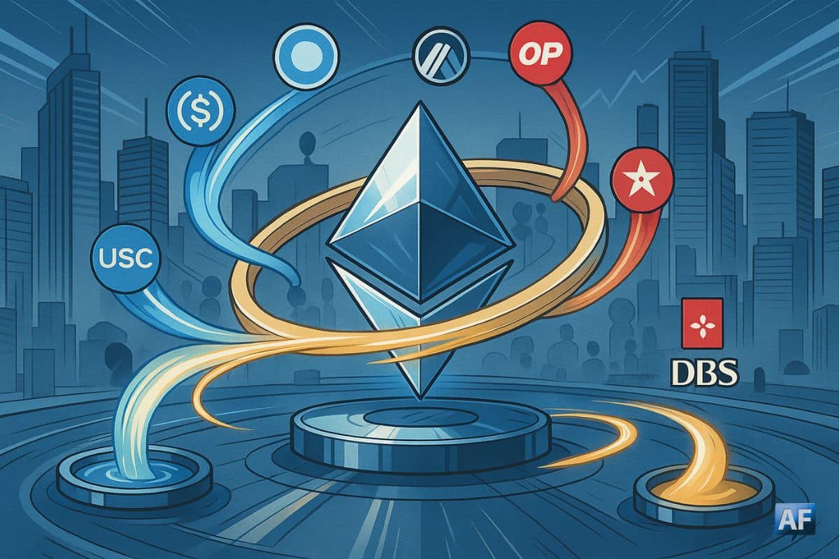 Le logo cristallin d’Ethereum absorbant des flux USDC/Circle, Securitize et DBS via un volant d’inertie, entouré des L2 Base, Arbitrum, Optimism et de “piscines” DeFi.