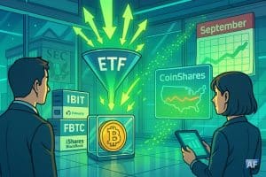 Dans une salle des marchés futuriste, un entonnoir « ETF » déverse des flèches vertes vers une pièce Bitcoin sous verre, tandis qu’un hologramme CoinShares et un calendrier de septembre virent au vert.
