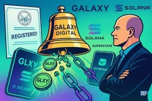 Cloche d’ouverture « GALAXY DIGITAL » transformant des actions GLXY en jetons sur une chaîne Solana, sous sceau SEC « Registered », face à un wallet KYC/Whitelist.