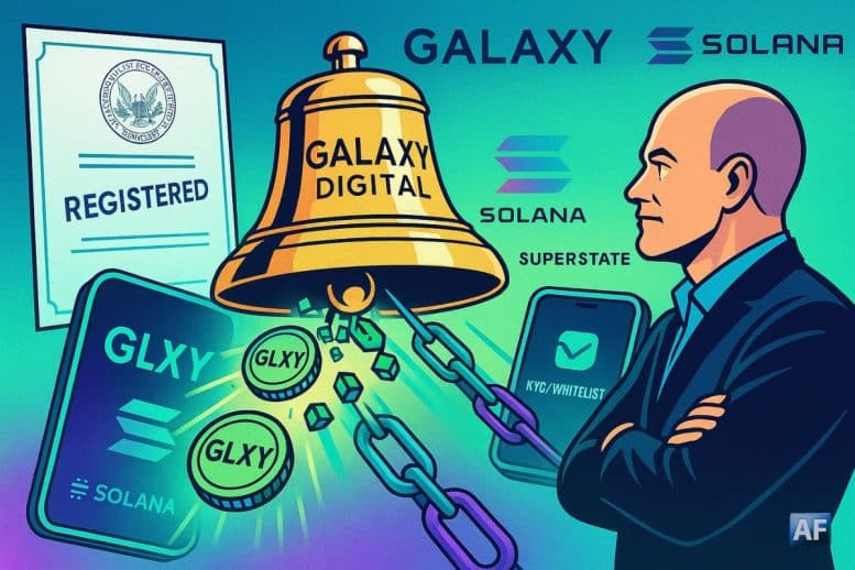 Cloche d’ouverture « GALAXY DIGITAL » transformant des actions GLXY en jetons sur une chaîne Solana, sous sceau SEC « Registered », face à un wallet KYC/Whitelist.