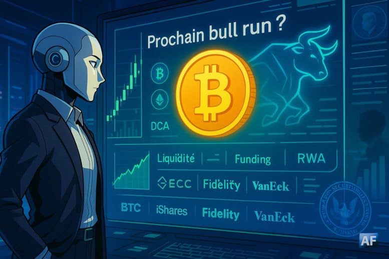 Un·e analyste IA façon BD observe un tableau de bord holographique où un Bitcoin lumineux, un taureau stylisé et des widgets « liquidité / funding / RWA » annoncent un possible prochain bull run.
