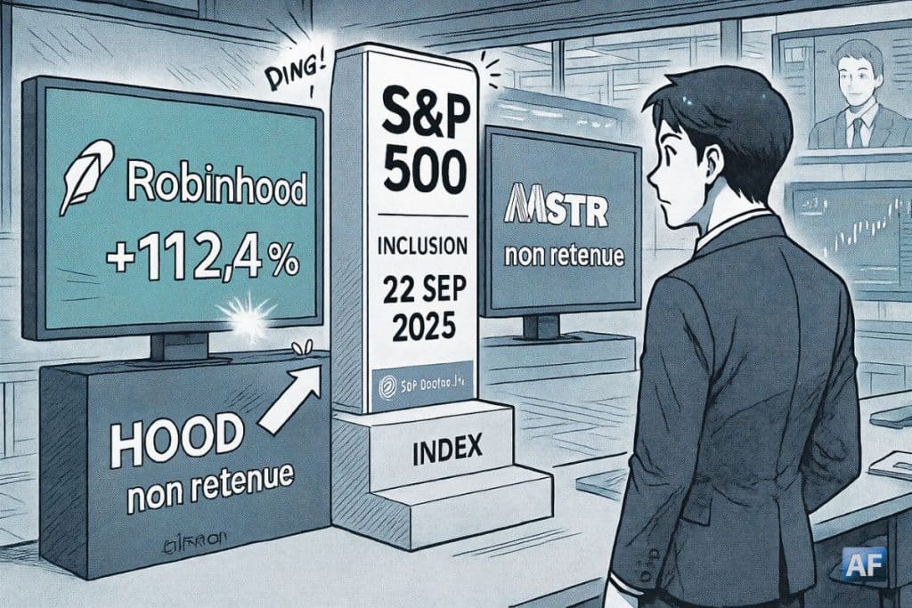 Illustration BD/manga en paysage montrant un totem “S&P 500 — Inclusion 22 SEP 2025” où Robinhood “franchit la marche” de l’indice, tandis que MicroStrategy reste en retrait devant des écrans de marché.