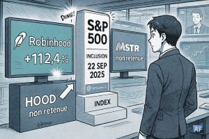 Illustration BD/manga en paysage montrant un totem “S&P 500 — Inclusion 22 SEP 2025” où Robinhood “franchit la marche” de l’indice, tandis que MicroStrategy reste en retrait devant des écrans de marché.