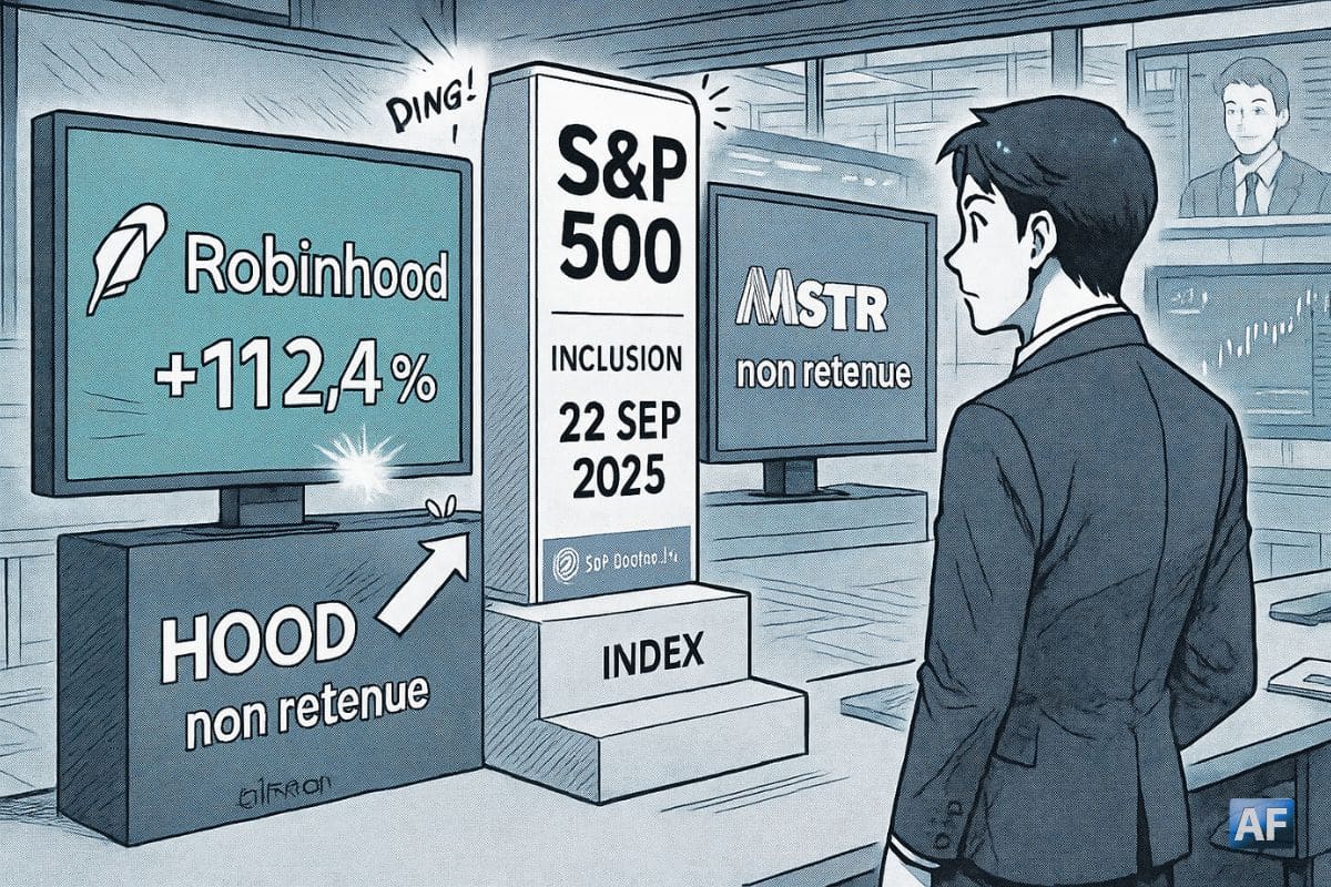 Illustration BD/manga en paysage montrant un totem “S&P 500 — Inclusion 22 SEP 2025” où Robinhood “franchit la marche” de l’indice, tandis que MicroStrategy reste en retrait devant des écrans de marché.