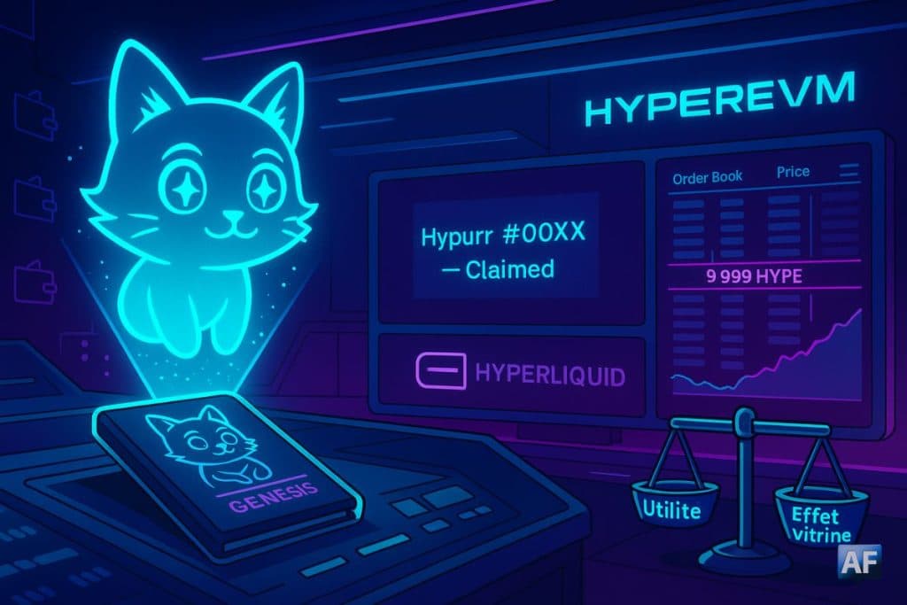 Dans une salle des marchés on-chain futuriste, l’hologramme “Hypurr” plane au-dessus d’un passeport “Genesis” tandis qu’un tableau HyperEVM affiche « Hypurr #00XX — Claimed » et un ticker « 9 999 HYPE ».