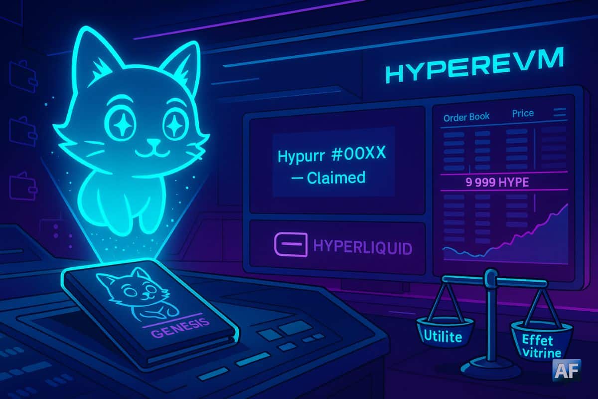 Dans une salle des marchés on-chain futuriste, l’hologramme “Hypurr” plane au-dessus d’un passeport “Genesis” tandis qu’un tableau HyperEVM affiche « Hypurr #00XX — Claimed » et un ticker « 9 999 HYPE ».