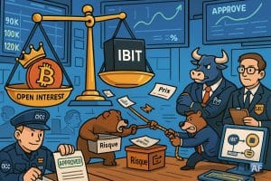 Dans une salle de marché, une balance "Open Interest" penche vers IBIT, tandis qu’un taureau et un ours tirent "Prix" vers un aimant "PIN 120K", sous l’œil d’agents OCC/SEC.