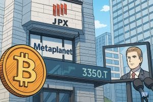 Devant la Bourse de Tokyo (JPX), une grande pièce Bitcoin au premier plan, l’enseigne « Metaplanet », le ticker 3350.T et un caméo discret d’Eric Trump.