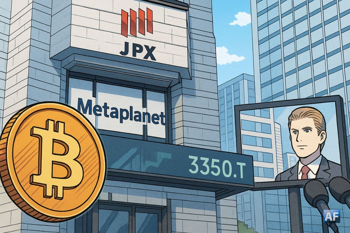Devant la Bourse de Tokyo (JPX), une grande pièce Bitcoin au premier plan, l’enseigne « Metaplanet », le ticker 3350.T et un caméo discret d’Eric Trump.