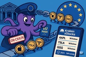 Un douanier en pieuvre tamponne “ON-CHAIN” sur des pièces-tickets d’actions tokenisées franchissant une passerelle blockchain vers l’UE, face à un smartphone “Kraken xStocks”