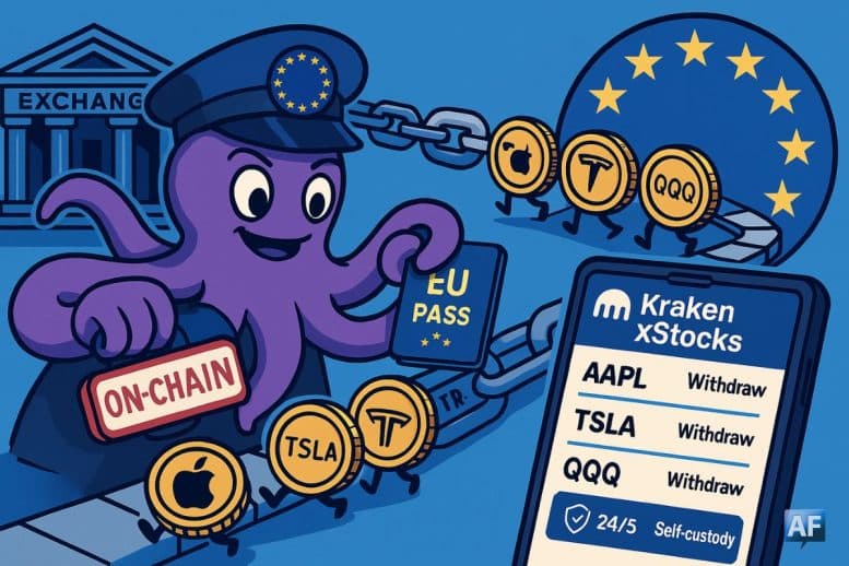 Un douanier en pieuvre tamponne “ON-CHAIN” sur des pièces-tickets d’actions tokenisées franchissant une passerelle blockchain vers l’UE, face à un smartphone “Kraken xStocks”