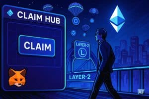 Un pont “Layer-2” menant vers un skyline Ethereum, tandis qu’une interface “Claim Hub” s’illumine et que des parachutes-tokens Linea descendent au-dessus d’un utilisateur en marche.