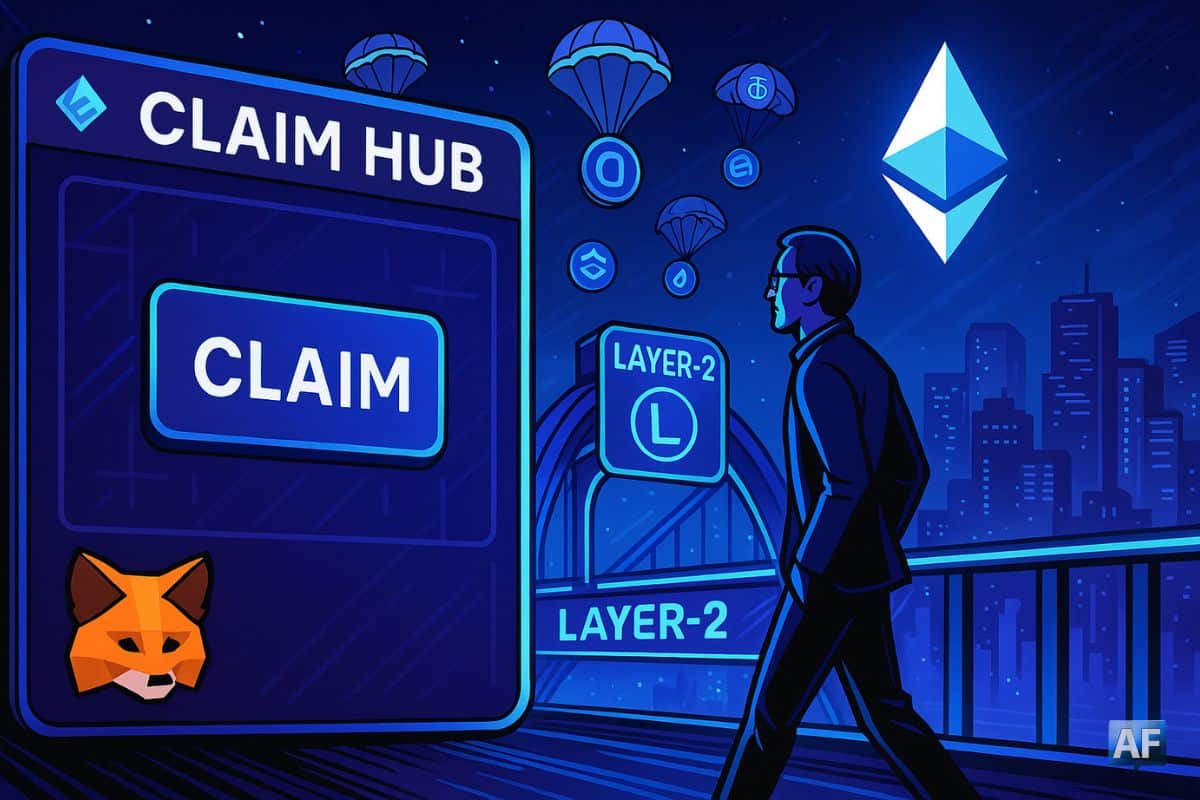 Un pont “Layer-2” menant vers un skyline Ethereum, tandis qu’une interface “Claim Hub” s’illumine et que des parachutes-tokens Linea descendent au-dessus d’un utilisateur en marche.