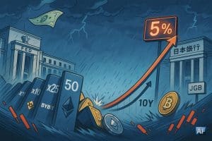 L’avalanche de liquidations crypto emportée par des dominos de leviers, sous un ciel orageux où la Fed, la BoJ et une courbe “10Y → 5 %” dominent l’arrière-plan.
