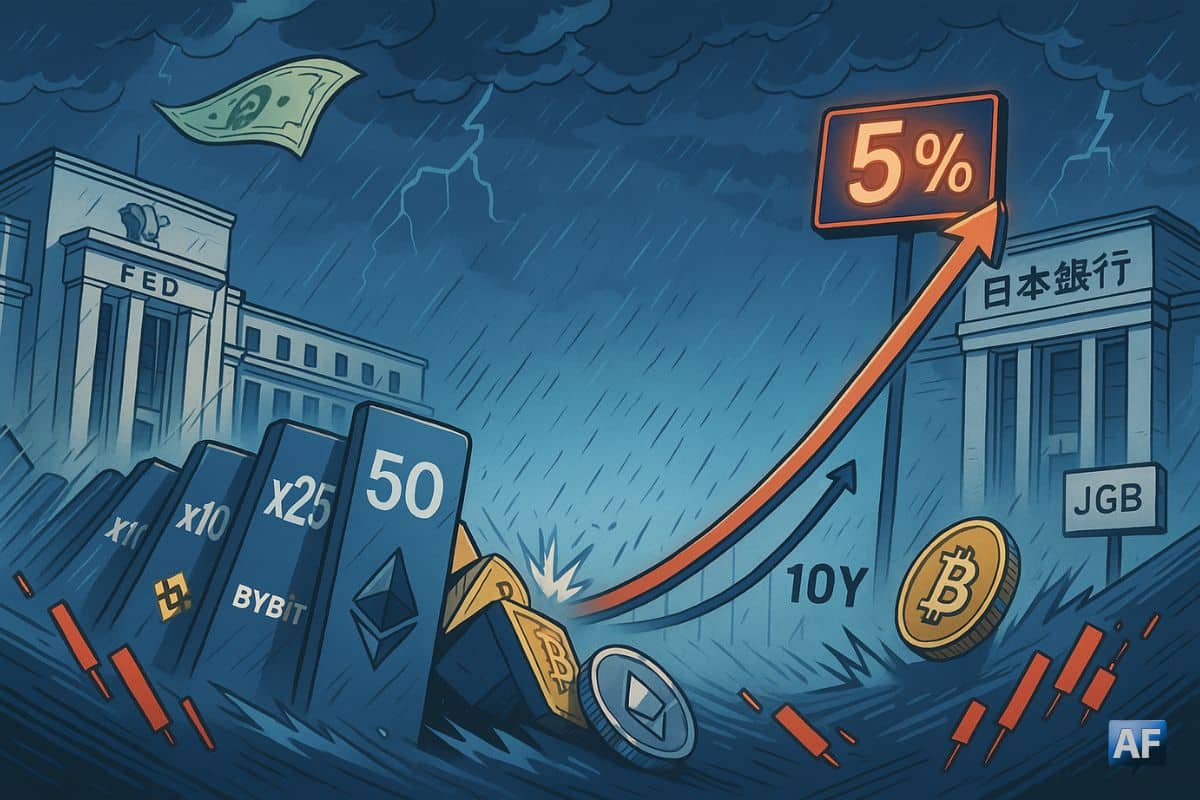 L’avalanche de liquidations crypto emportée par des dominos de leviers, sous un ciel orageux où la Fed, la BoJ et une courbe “10Y → 5 %” dominent l’arrière-plan.