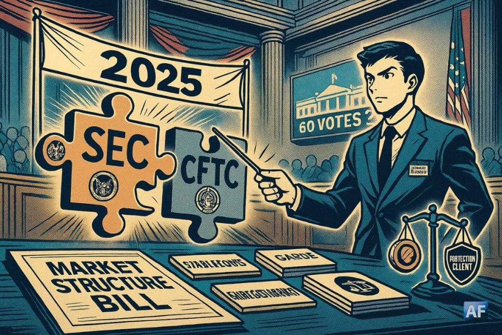 Un officiel en costume tient une baguette de chef d'orchestre d'un air résolu, devant deux pièces de puzzle "SEC" et "CFTC" et un panneau "Market Structure Bill".