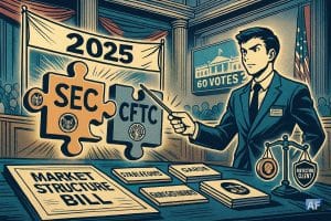 Un officiel en costume tient une baguette de chef d'orchestre d'un air résolu, devant deux pièces de puzzle "SEC" et "CFTC" et un panneau "Market Structure Bill".