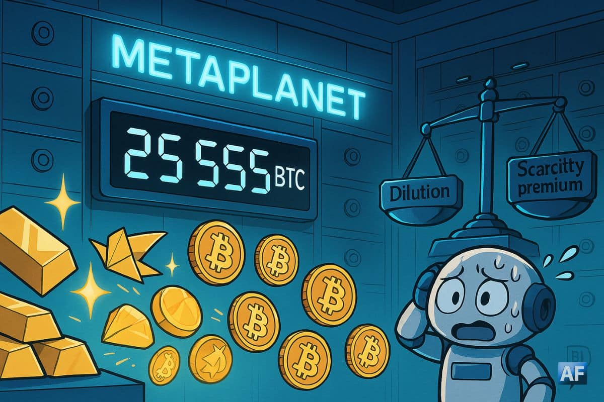 Coffre-fort néon « Metaplanet » où des lingots se muent en pièces ₿, compteur bondissant à 25 555 BTC, tandis qu’une balance oscille entre dilution et scarcity premium.