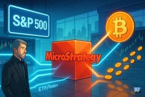 Dans un hall de bourse futuriste en style BD/manga, un bloc rouge « MicroStrategy » relie l’écran « S&P 500 » à un grand ₿ lumineux, tandis que des flux « ETF/Index » se transforment en pièces Bitcoin.