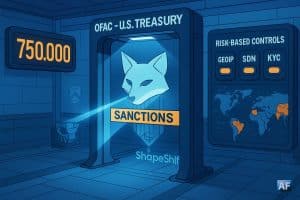 Dans un hall de contrôle futuriste, un portique « OFAC – U.S. Treasury » scanne le renard holographique de ShapeShift tandis qu’un compteur bascule à 750 000 $, symbole d’une sanction et d’un rappel à la conformité.