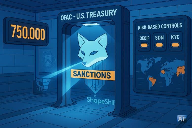 Dans un hall de contrôle futuriste, un portique « OFAC – U.S. Treasury » scanne le renard holographique de ShapeShift tandis qu’un compteur bascule à 750 000 $, symbole d’une sanction et d’un rappel à la conformité.
