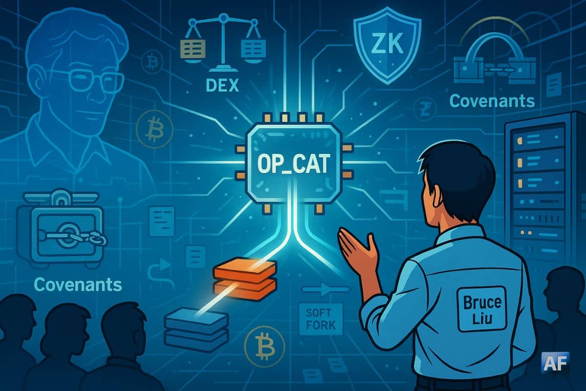 Illustration montrant l’opcode « OP_CAT » irradiant au centre, Bruce Liu de trois-quarts dos, et des icônes DEX/ZK/Covenants autour sur fond de réseau Bitcoin.