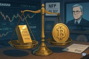 Une balance de bijoutier oppose un lingot d’or et une pièce Bitcoin dans une salle de marché, écrans XAUUSD/BTCUSD et panneau « NFP 05 SEP » en arrière-plan.