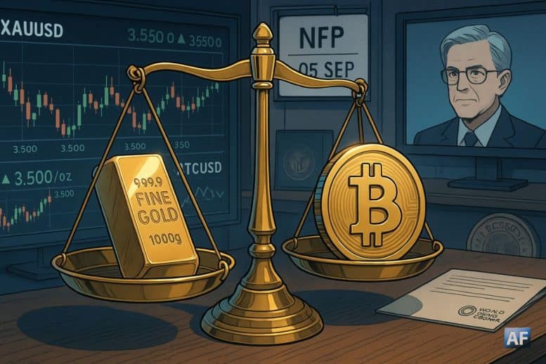 Une balance de bijoutier oppose un lingot d’or et une pièce Bitcoin dans une salle de marché, écrans XAUUSD/BTCUSD et panneau « NFP 05 SEP » en arrière-plan.