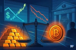 Une balance entre lingots d’or et pièce Bitcoin devant des écrans de marché et la façade stylisée de la Fed, symbolisant l’arbitrage or-BTC dans un contexte de baisse des taux.