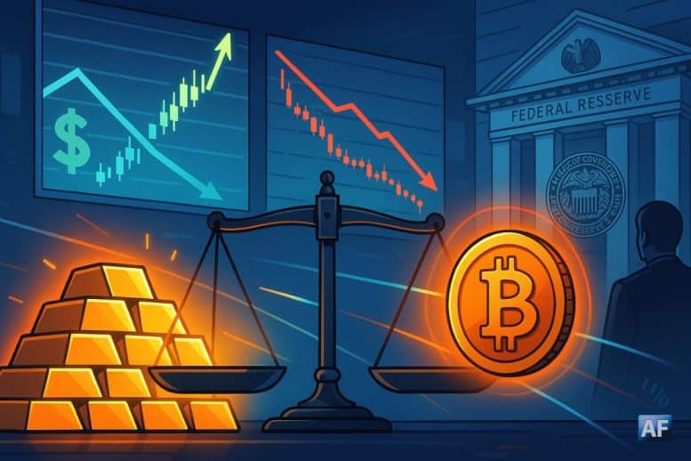Une balance entre lingots d’or et pièce Bitcoin devant des écrans de marché et la façade stylisée de la Fed, symbolisant l’arbitrage or-BTC dans un contexte de baisse des taux.