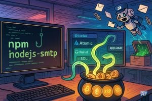 Open-space de dev : un terminal « npm install nodejs-smtp », des adresses Exodus/Atomic qui serpentent vers une marmite crypto, et un app.asar ouvert suggèrent une chaîne d’approvisionnement piégée.