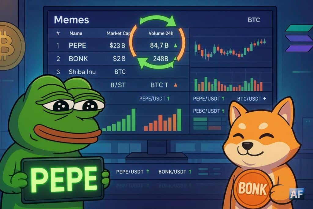 Une salle de trading crypto stylisée BD montre PEPE et BONK devant un grand écran où les volumes de PEPE/BONK s’envolent tandis que le graphe BTC évolue à plat, soulignant la rotation du risque.