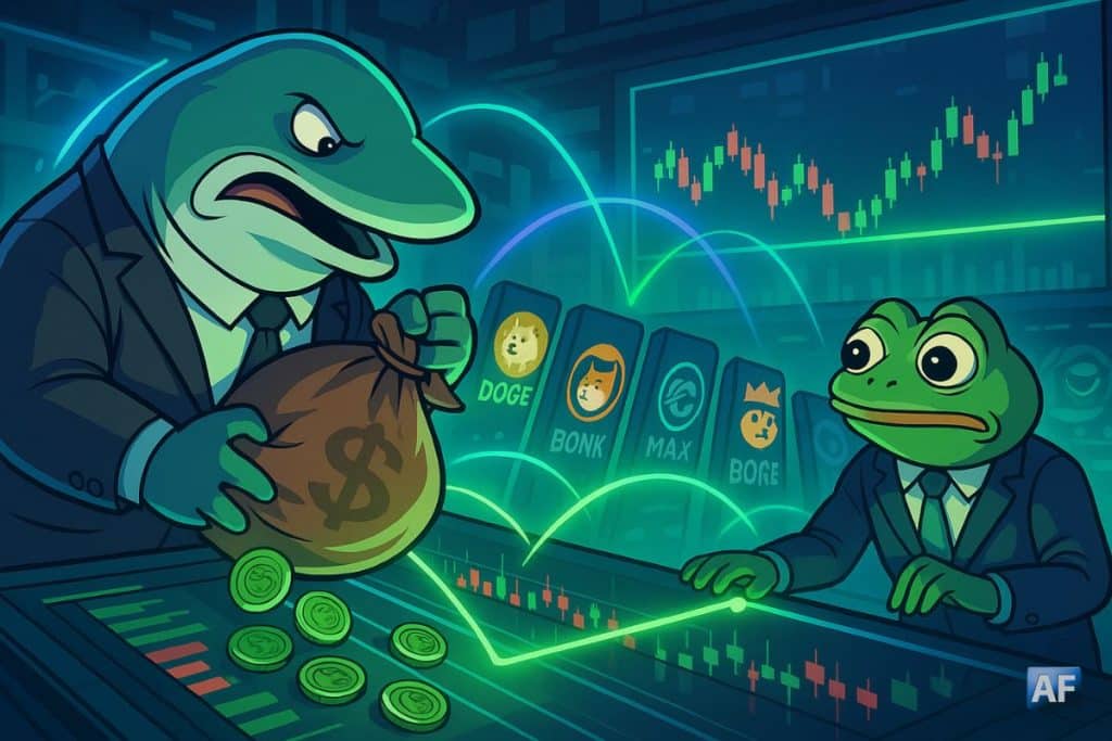 Une baleine lâche un sac de jetons PEPE, la grenouille retient la ligne de support tandis que des dominos memecoins vacillent, dans une salle de marché néon au style BD/manga.