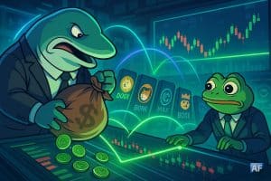 Une baleine lâche un sac de jetons PEPE, la grenouille retient la ligne de support tandis que des dominos memecoins vacillent, dans une salle de marché néon au style BD/manga.