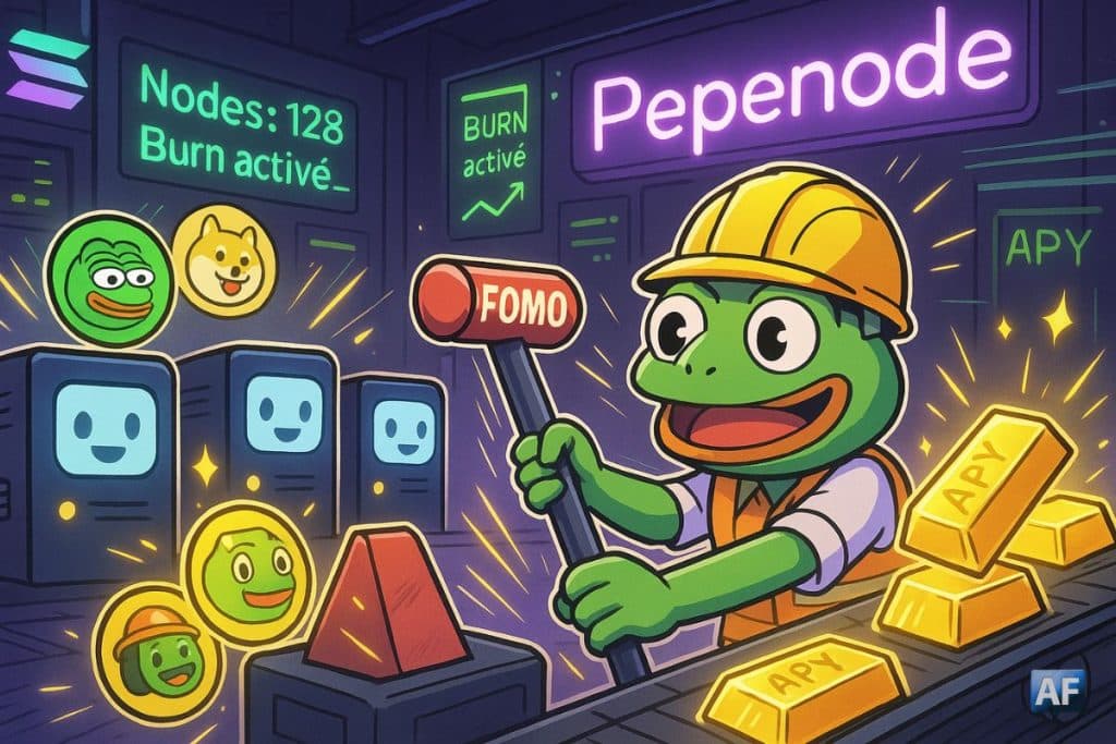Dans une salle serveur néon, une grenouille ingénieur actionne un levier “FOMO” tandis que des nœuds chibi transforment des jetons mèmes en lingots “APY”, sous une enseigne Pepenode et l’aura Solana.