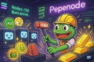 Dans une salle serveur néon, une grenouille ingénieur actionne un levier “FOMO” tandis que des nœuds chibi transforment des jetons mèmes en lingots “APY”, sous une enseigne Pepenode et l’aura Solana.