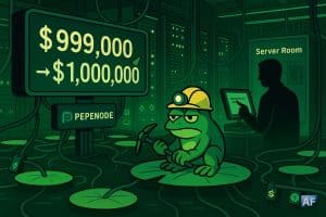 Salle de serveurs néon vert façon BD, avec compteur “$999,000 → $1,000,000”, mascotte grenouille mineuse sur nénuphar-node et opérateur silhouette, symbolisant Pepenode frôlant le cap du million.