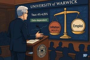 Powell, au pupitre à Warwick, pèse entre inflation tenace (PCE 2,7 %) et emploi résilient, sous des écrans affichant 4 %–4,25 % et le mantra « data-dependent ».