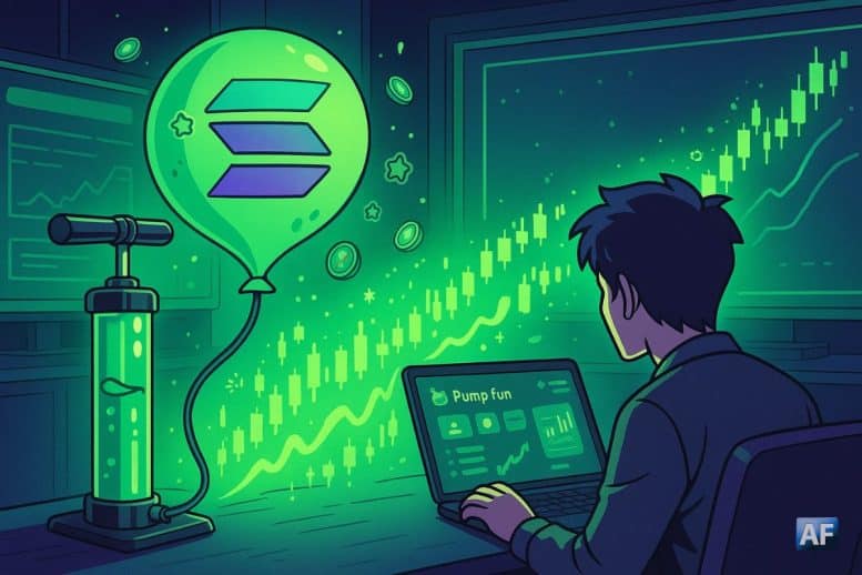 Une salle de marché crypto néon, un ballon logo Solana gonflé par une pompe “PUMP” fait jaillir des bougies vertes depuis l’écran, tandis qu’un trader regarde une interface Pump.fun stylisée.