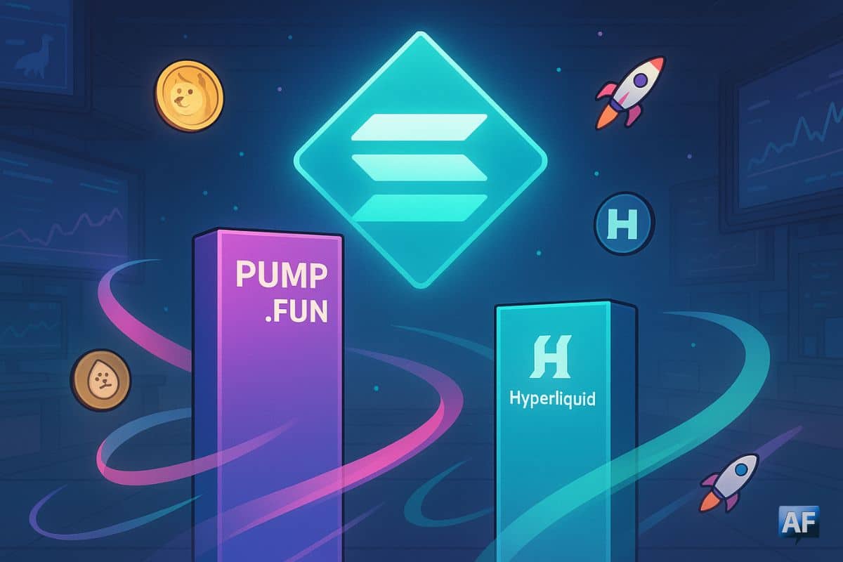 Deux colonnes de statistiques Pump.fun et Hyperliquid se dressent sous un logo Solana, avec des memecoins en arrière-plan.