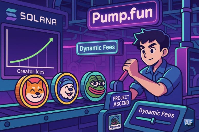 Usine mème style BD, logos Solana et Pump.fun, levier « Project Ascend », curseur « Dynamic Fees », pièces BONK/WIF/PEPE et badge Pepenode.