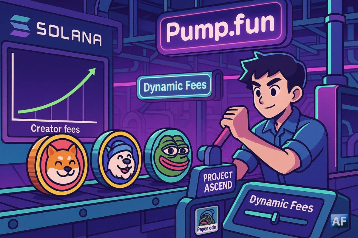 Usine mème style BD, logos Solana et Pump.fun, levier « Project Ascend », curseur « Dynamic Fees », pièces BONK/WIF/PEPE et badge Pepenode.