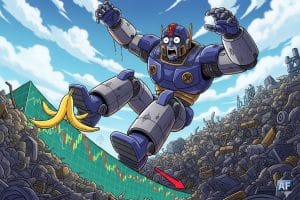 Dans un style bande dessinée, un robot géant symbolisant l'industrie du recyclage perd l'équilibre en glissant sur un graphique boursier en chute libre déguisé en peau de banane.