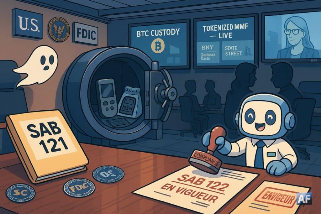 Salle de conseil d’une banque US ; dossier « SAB 121 » barré, document « SAB 122 » tamponné, coffre-fort entrouvert révélant cold wallet et HSM, écrans sur « BTC custody » et tokenisation.