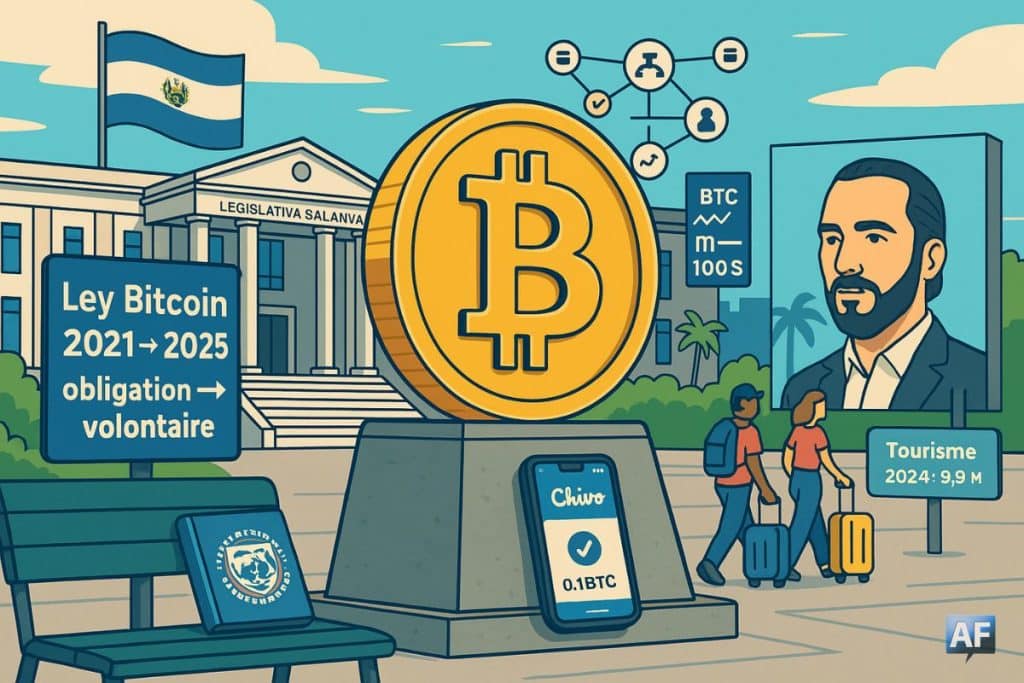 Un monument Bitcoin doré se dresse devant l’Assemblée législative de San Salvador, tandis que des repères visuels (Chivo, FMI, Surf City et « Ley Bitcoin 2021 → 2025 ») résument quatre ans de pari national.
