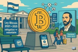 Un monument Bitcoin doré se dresse devant l’Assemblée législative de San Salvador, tandis que des repères visuels (Chivo, FMI, Surf City et « Ley Bitcoin 2021 → 2025 ») résument quatre ans de pari national.